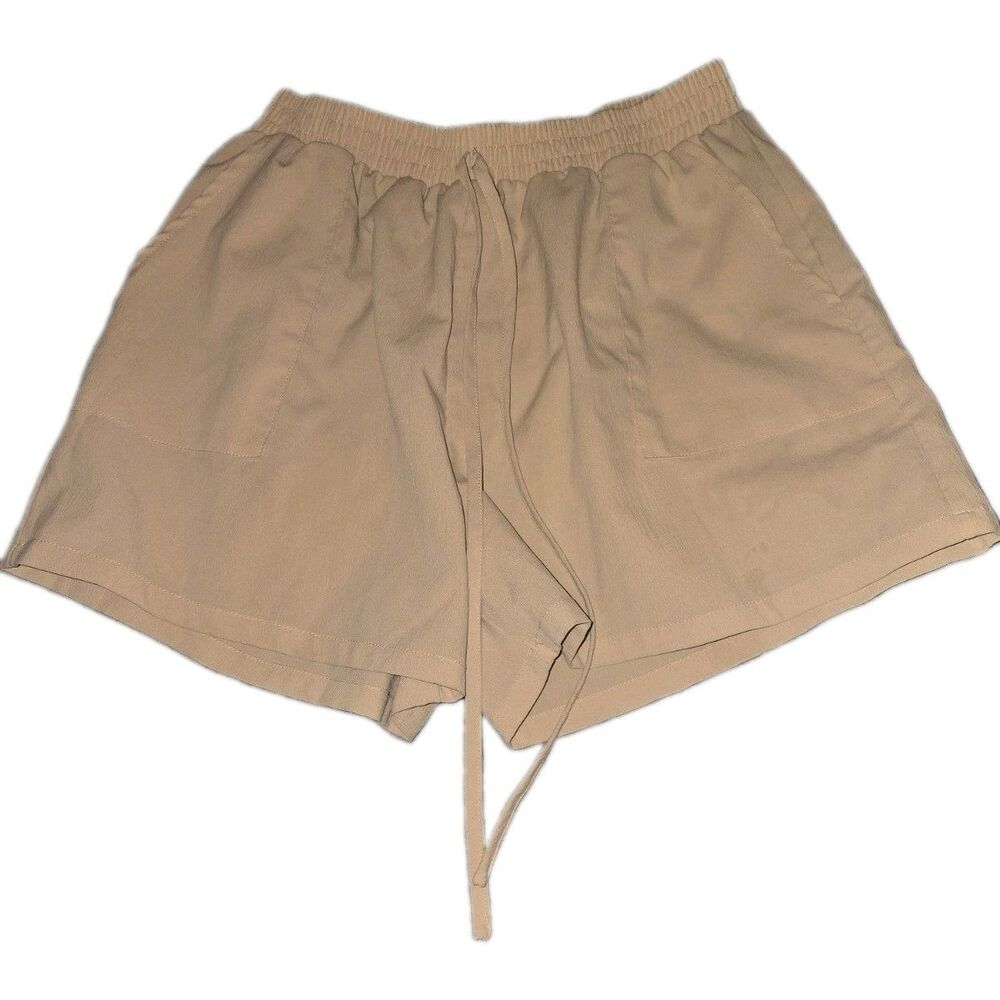 Womens Beige Shorts Size L Drawstring Elastic Waist Patch Pockets Casual Summer